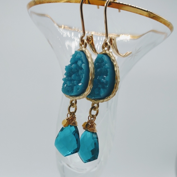 Sterling Silver Vermeil Teal Quartz Drop Earrings - Picture 4 of 10